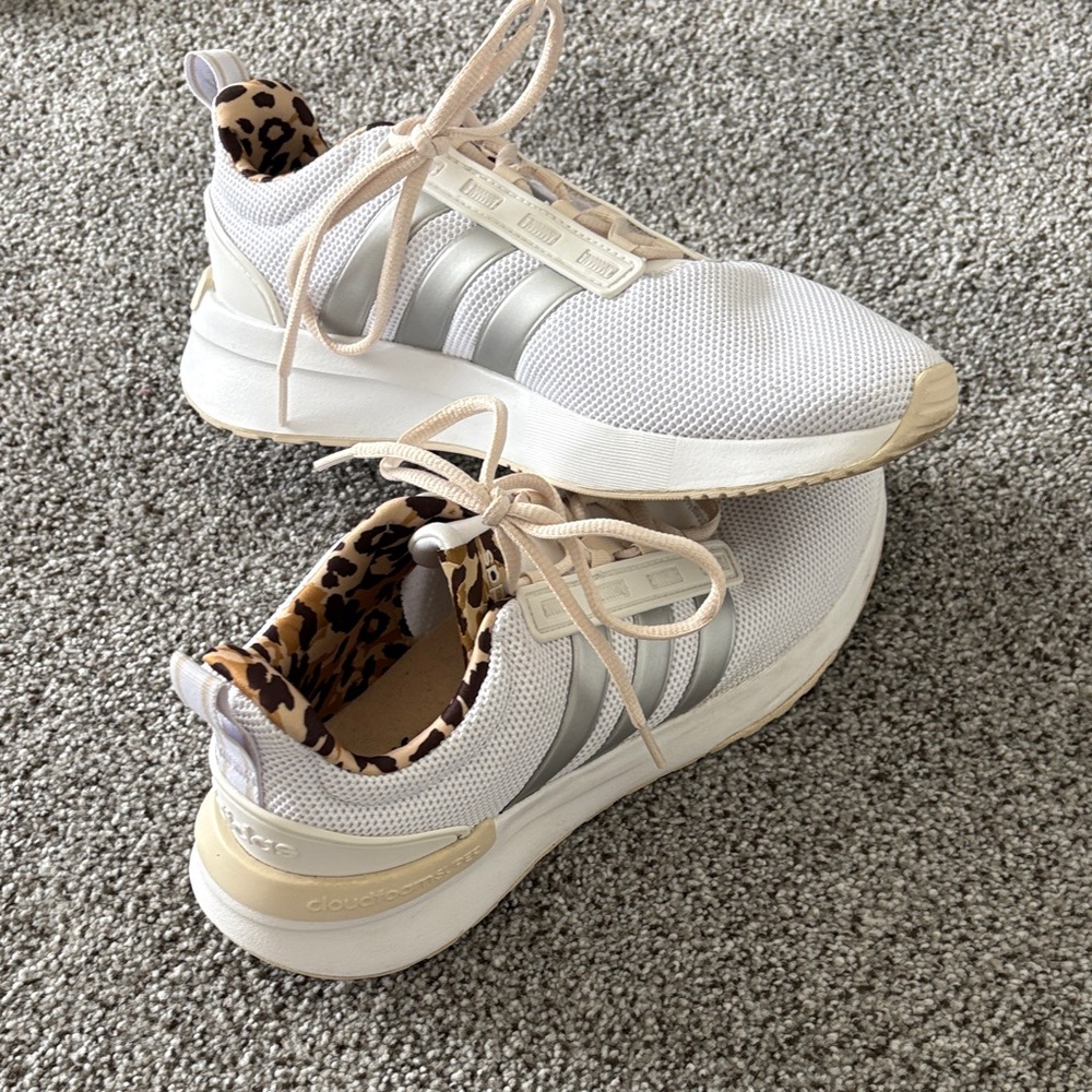 Adidas Women's White and Beige Sneakers with Leopard Accent